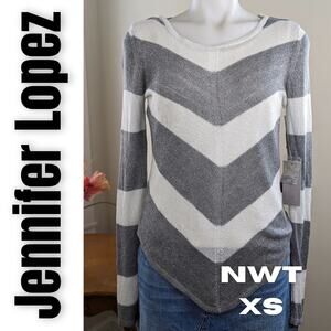 NEW Jennifer Lopez Sweater XS Gray White Chevron Stripe Sheer V Hem Crewneck